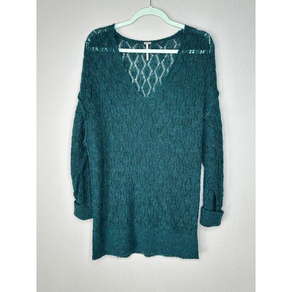 FREE PEOPLE Alpaca Wool Patterned Knit V Neck tunic Sweater Top Green Size XS - Picture 2 of 7